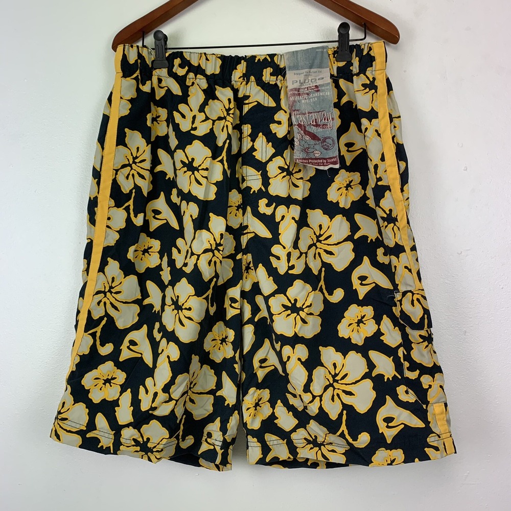 Plugg Jean Co Shorts Men's Large Surfing Board Shorts Floral Sharks Yellow Black